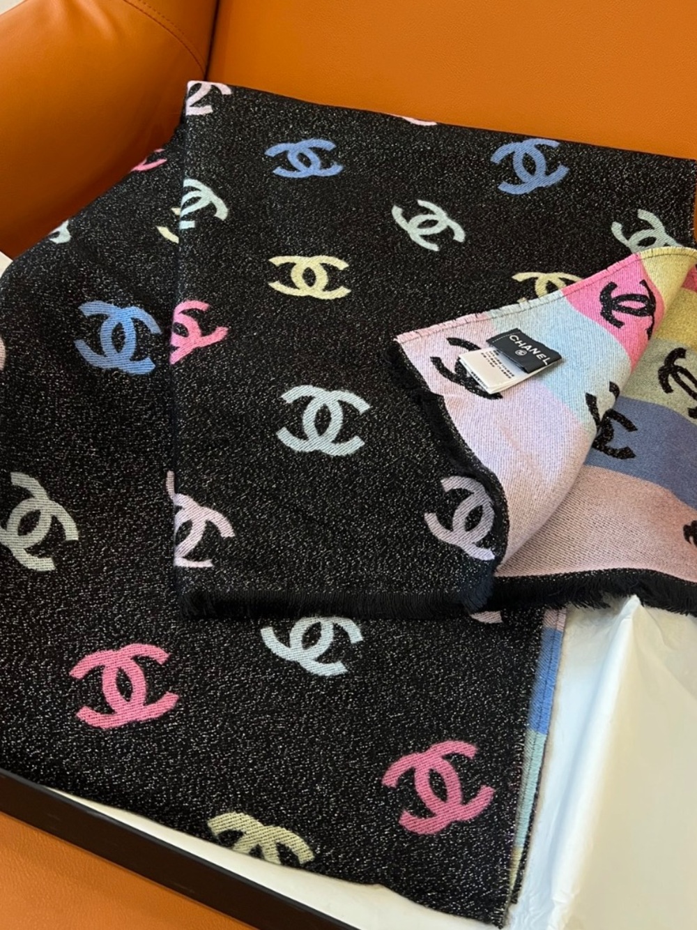 Double C Designer Sparkle Black Pastel Letter Logo Reversible Large Size Scarf